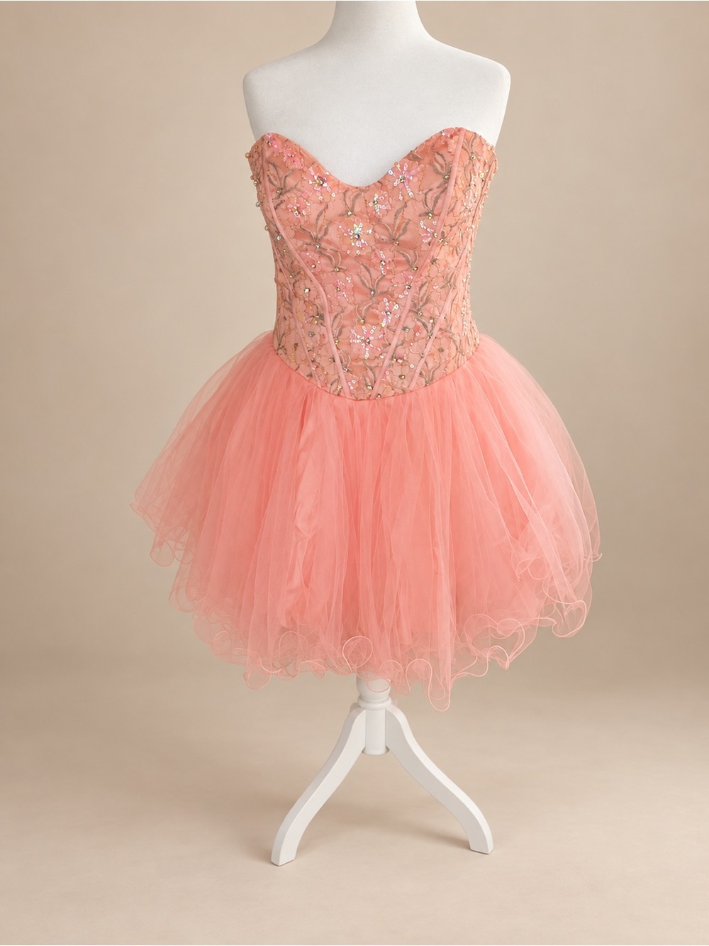 NWOT Terani Couture Coral Pink Sequin Lace Strapless Tulle Dress size 12